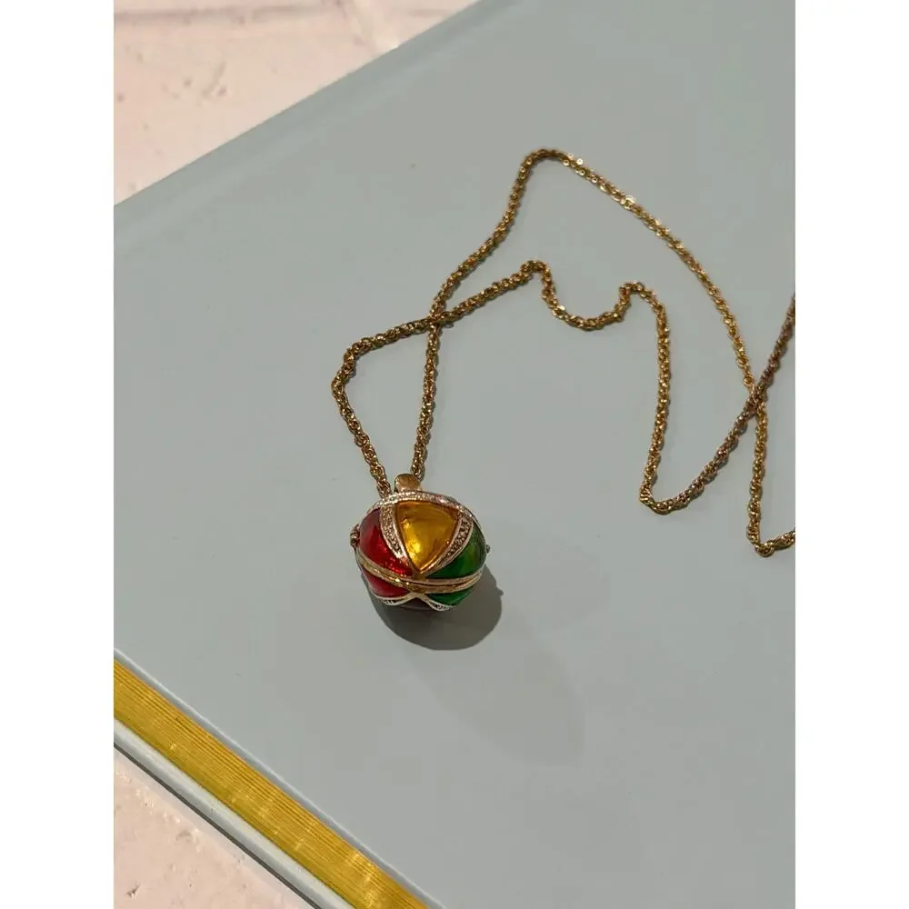 Vintage Joan Rivers Faberge Style Egg Locket Necklace • Gold Tone • Crystal Acc